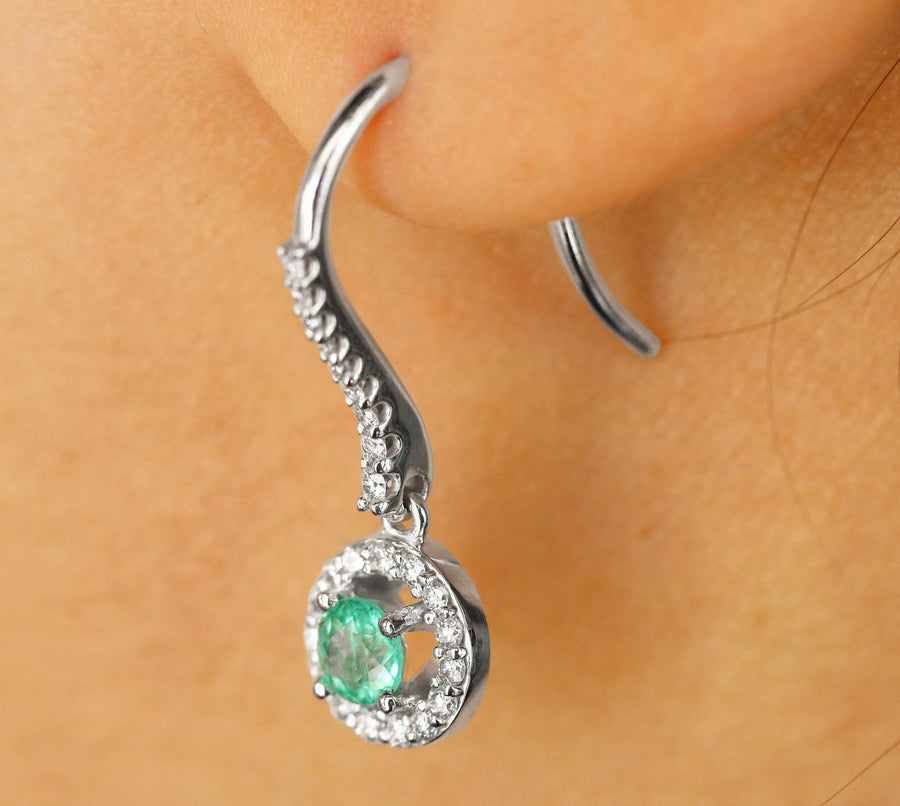 14K Natural Diamond Halo-Style 1.20tcw Round genuine Emerald French Hook Dangle Earrings 