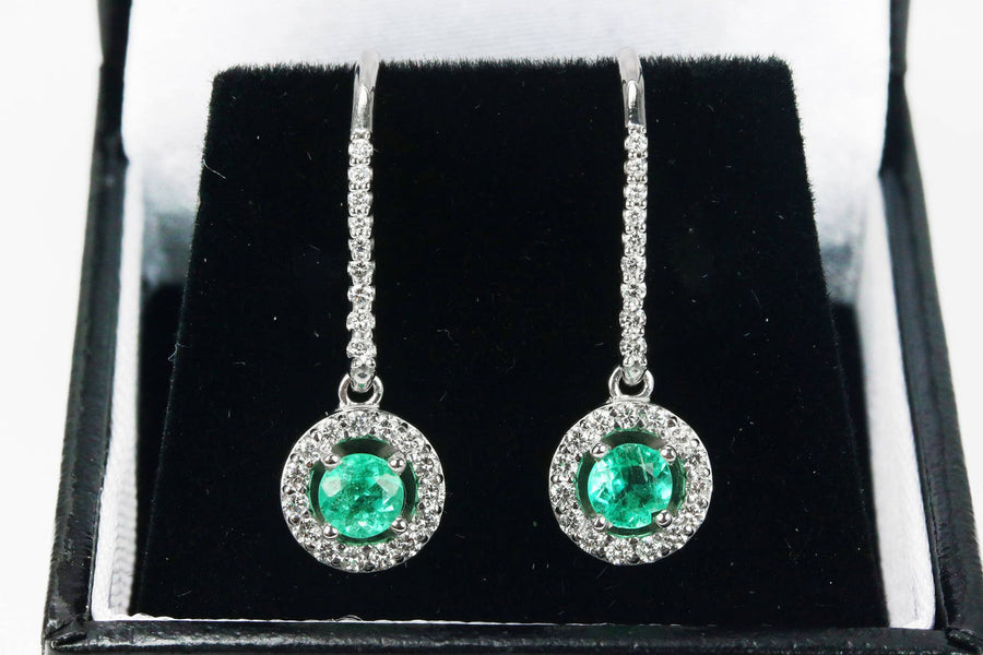 Diamond Halo-Style 1.20tcw Round genuine Emerald French Hook Dangle Earrings 14K white