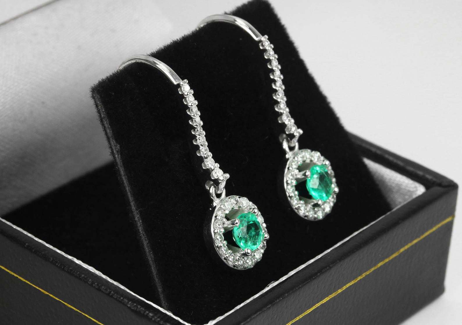 14K white Diamond Halo-Style 1.20tcw Round genuine Emerald French Hook Dangle Earrings