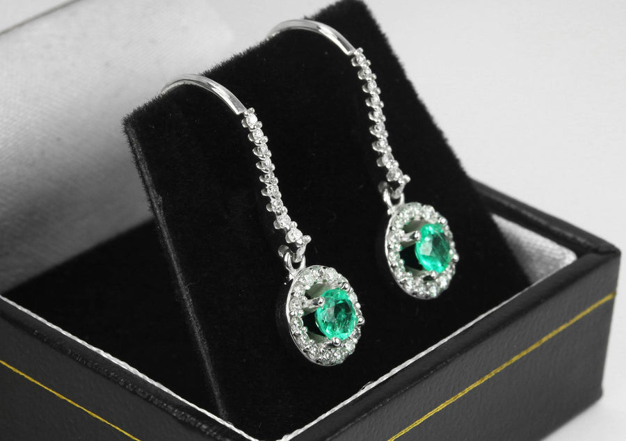 14K white Diamond Halo-Style 1.20tcw Round genuine Emerald French Hook Dangle Earrings
