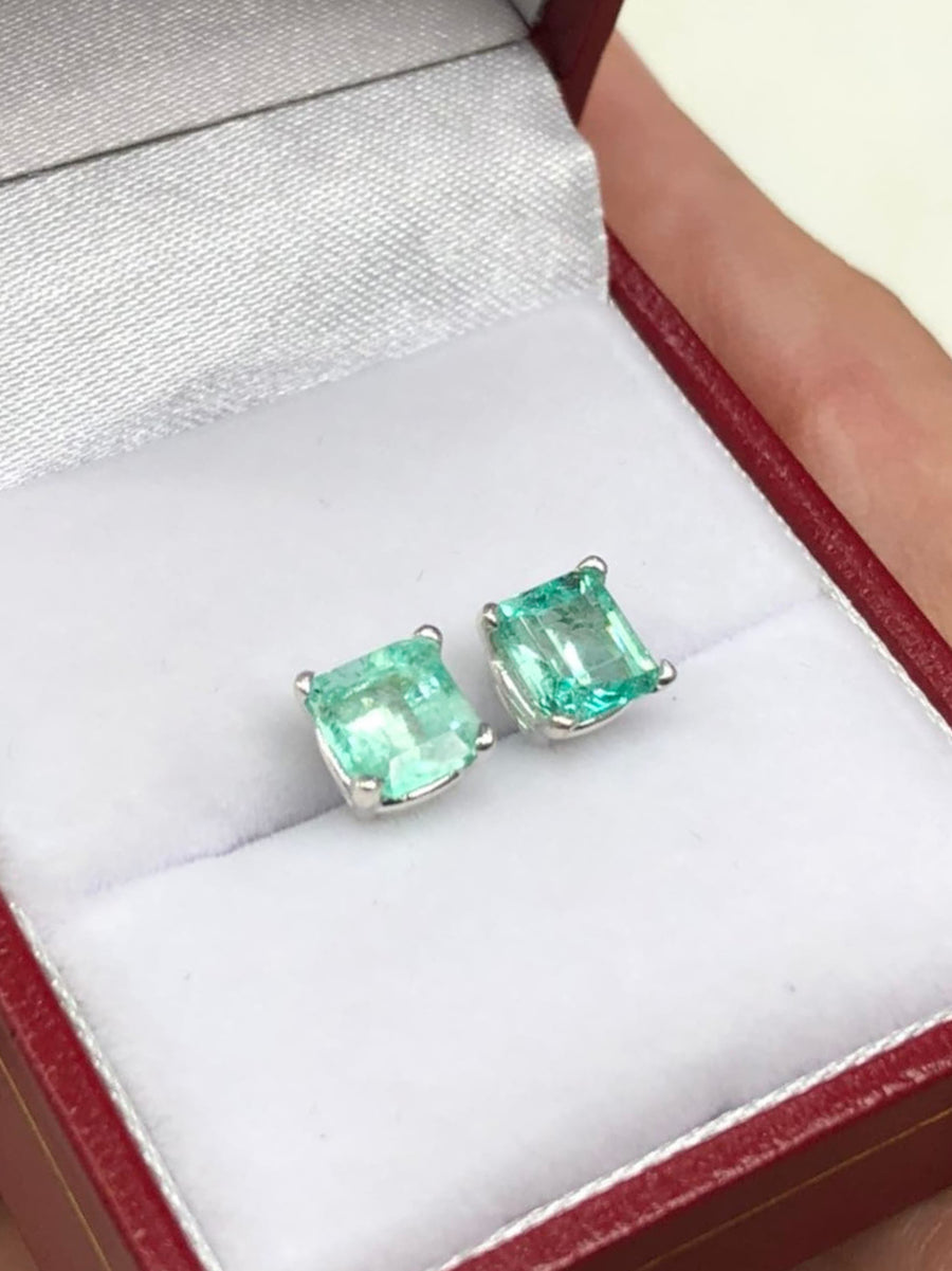 Genuine 2.0tcw Sterling Silver Square Rich Spring Emerald Solitaire Basket Stud Earrings