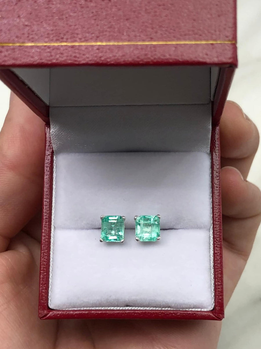 2.0tcw Sterling Silver Square Rich Spring Emerald Classic Solitaire Basket Stud Earrings