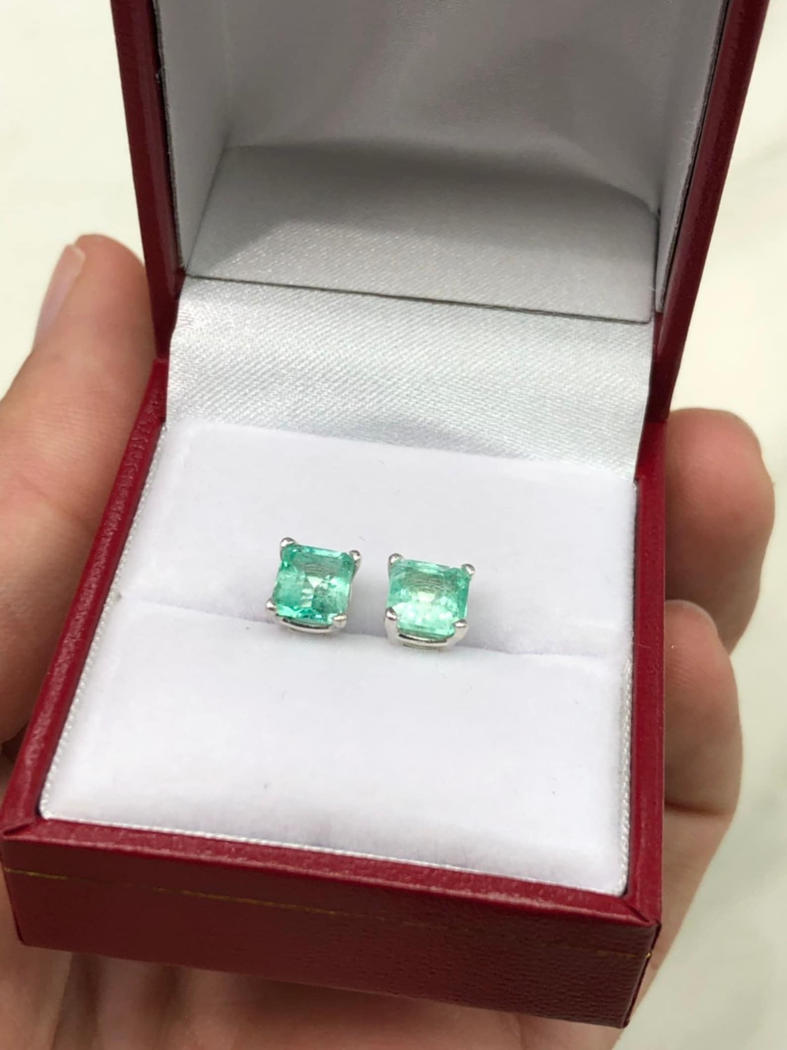 2.0tcw Sterling Silver Square Rich Spring Emerald Solitaire Basket Stud Earrings