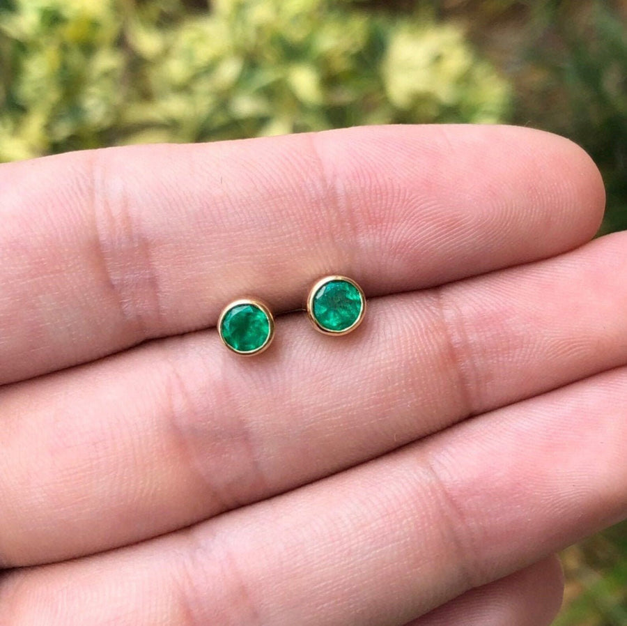 Deep Dark Green Circle Round 1.22tcw Emerald Genuine Solitaire Bezel Earrings 14K