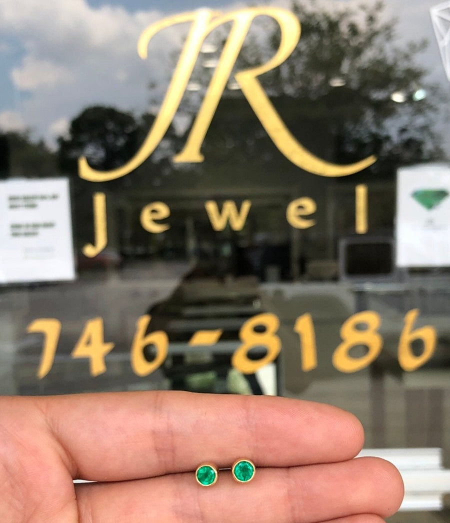 Vivid Dark Green Circle Round 1.22tcw Emerald Genuine Solitaire Bezel Earrings 14K