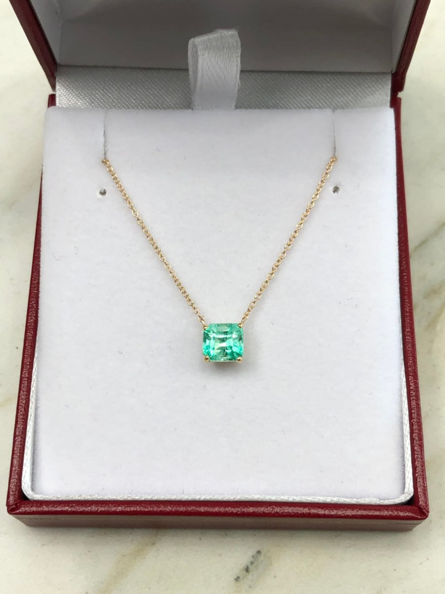 Bright Rich Green 1.32 Carat Colombian Emerald-Emerald Cut Stationary Necklace 14K Gold