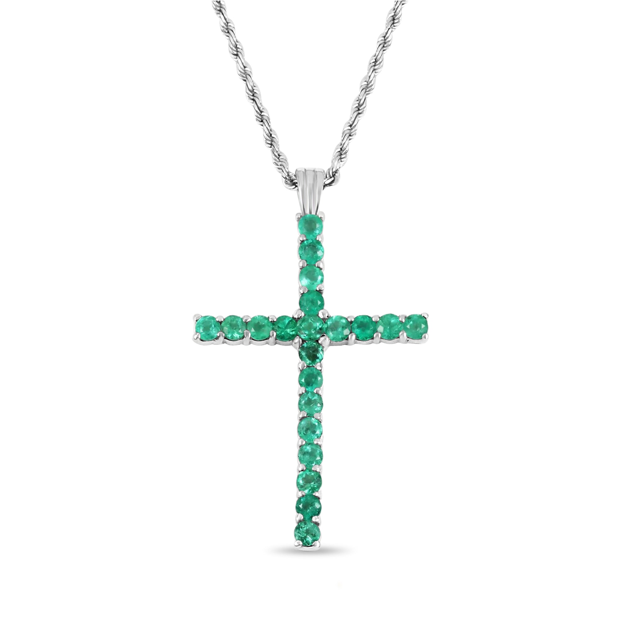 2.20tcw Large Round Emerald Cross Tennis Pendant White Gold 14K - JR Colombian Emeralds