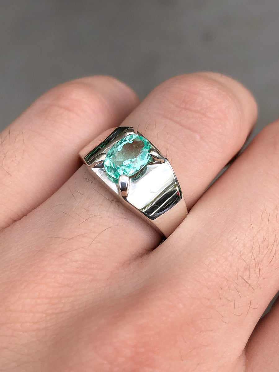 Astrological 1 CT Oval Cut Natural Emerald Men's Prong Ring Silver 925