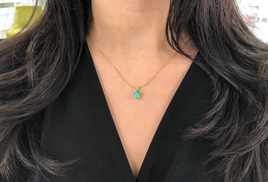 Pear Cut Colombian Emerald 1.50 Carat 4 Prong Solitaire Pendant Necklace 14K