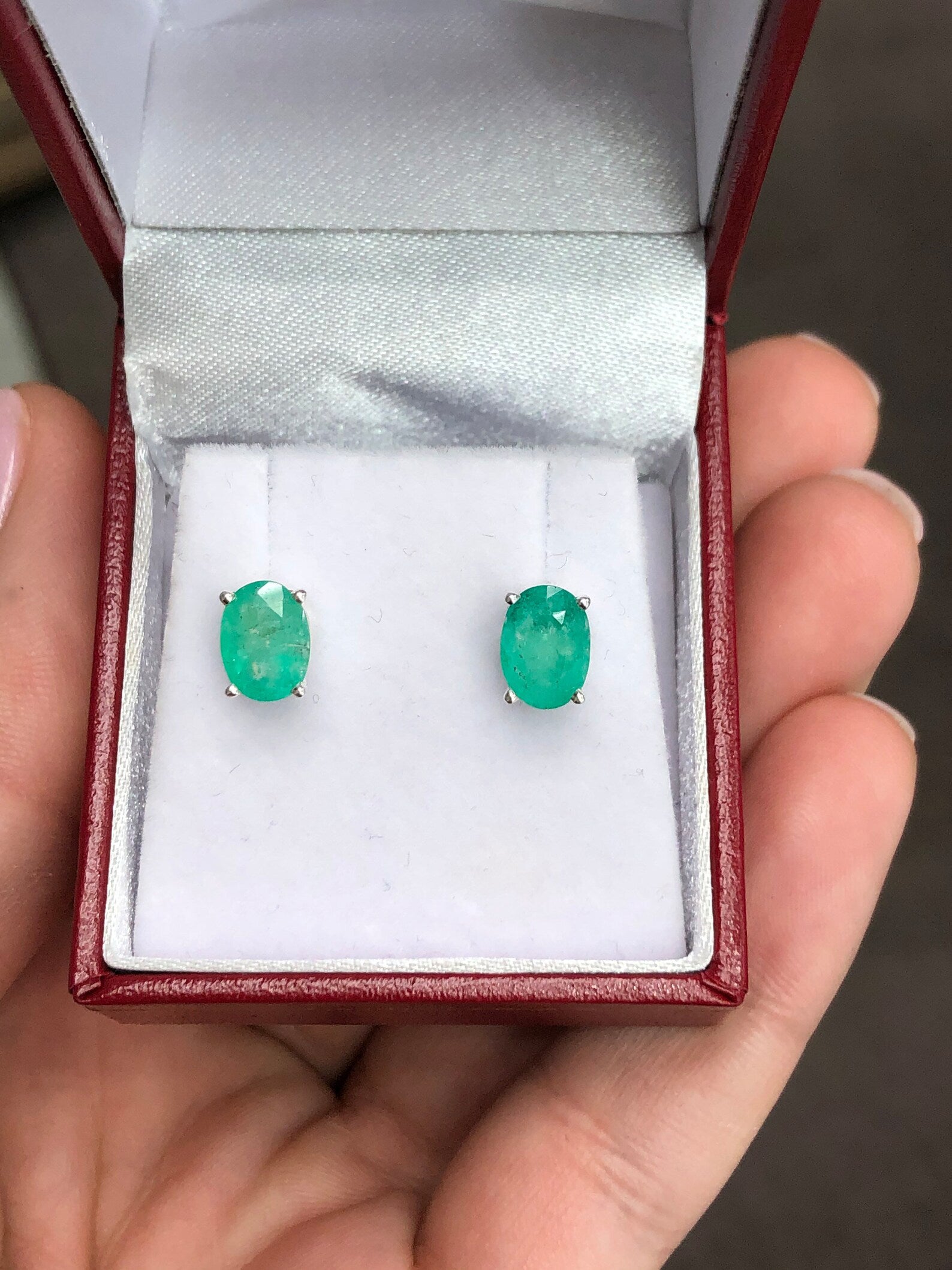 Colombian Emerald 2.28tcw Oval Natural May Birthstone Four Prong Classic Earrings Silver