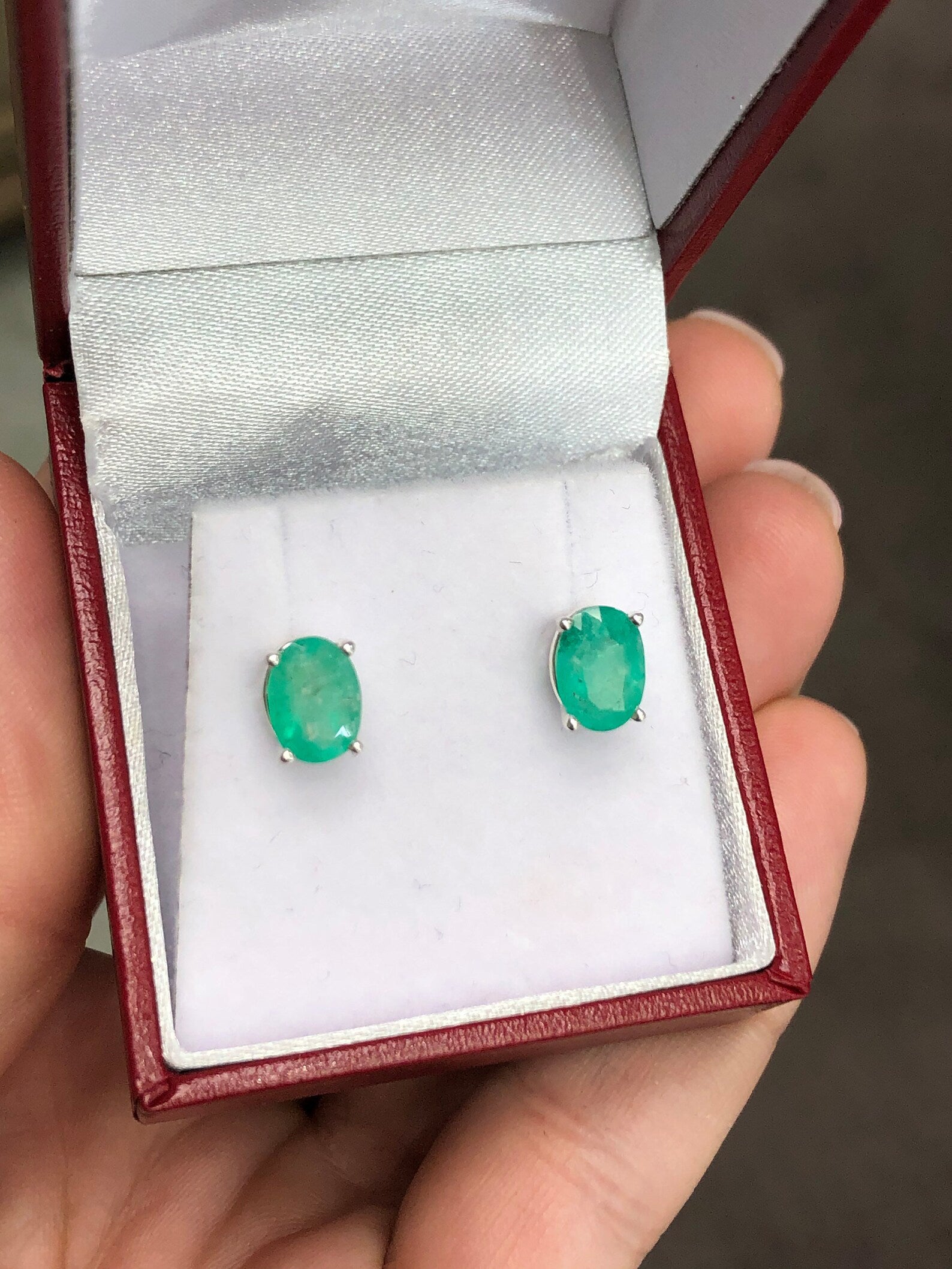 Colombian Emerald Oval Natural May Birthstone Four Prong Classic 2.28tcw Earrings Silver