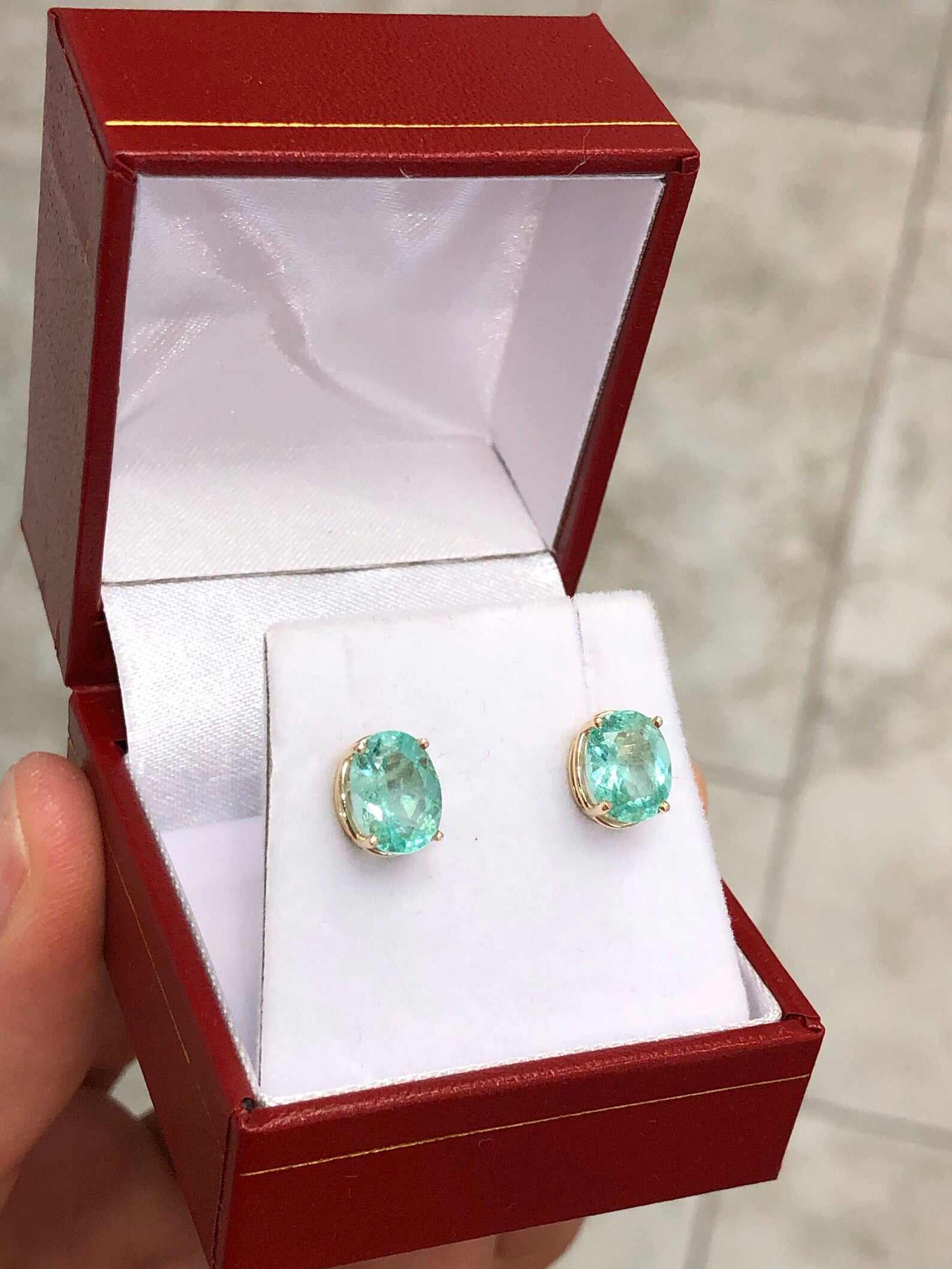 3.03tcw Oval Shape Beautiful Bright Green Colombian Emerald Solitaire Earrings 14K