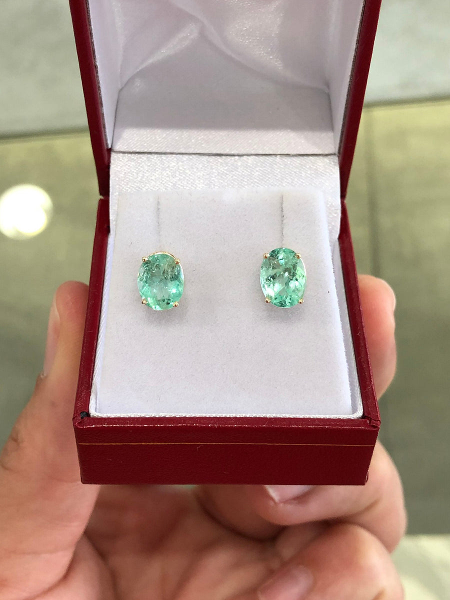 3.03tcw Oval Cut Bright Green Colombian Emerald Solitaire Earrings 14K