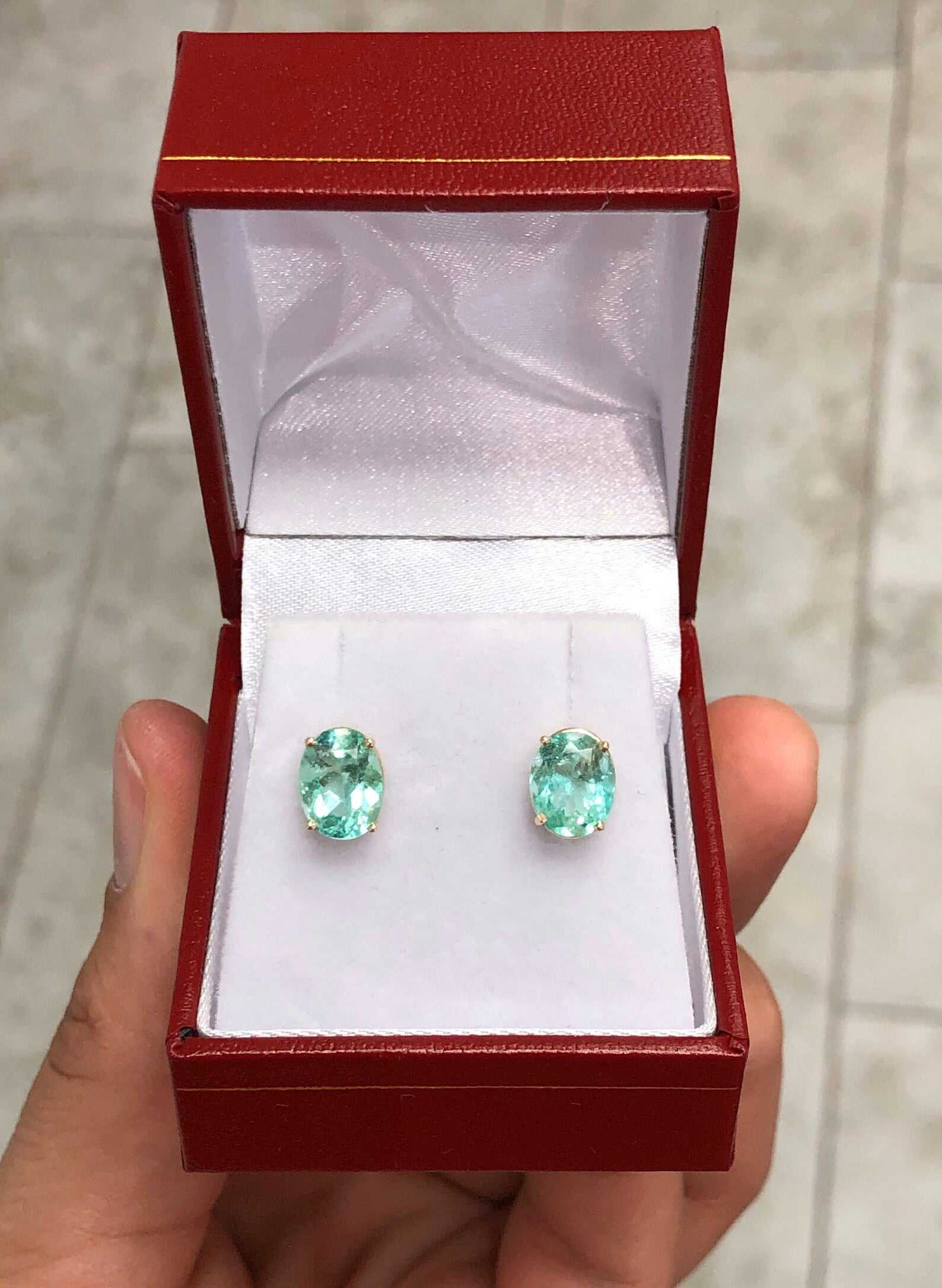 3.03tcw Oval Cut Bright Green Colombian Emerald Solitaire Earrings 14K