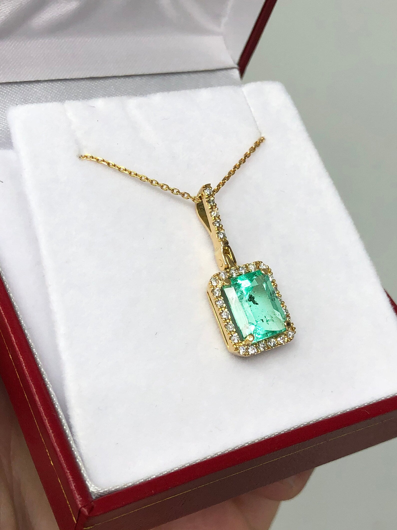 Genuine Emerald and Round Diamond Pendant, 4.18 TCW, 14k Solid Gold