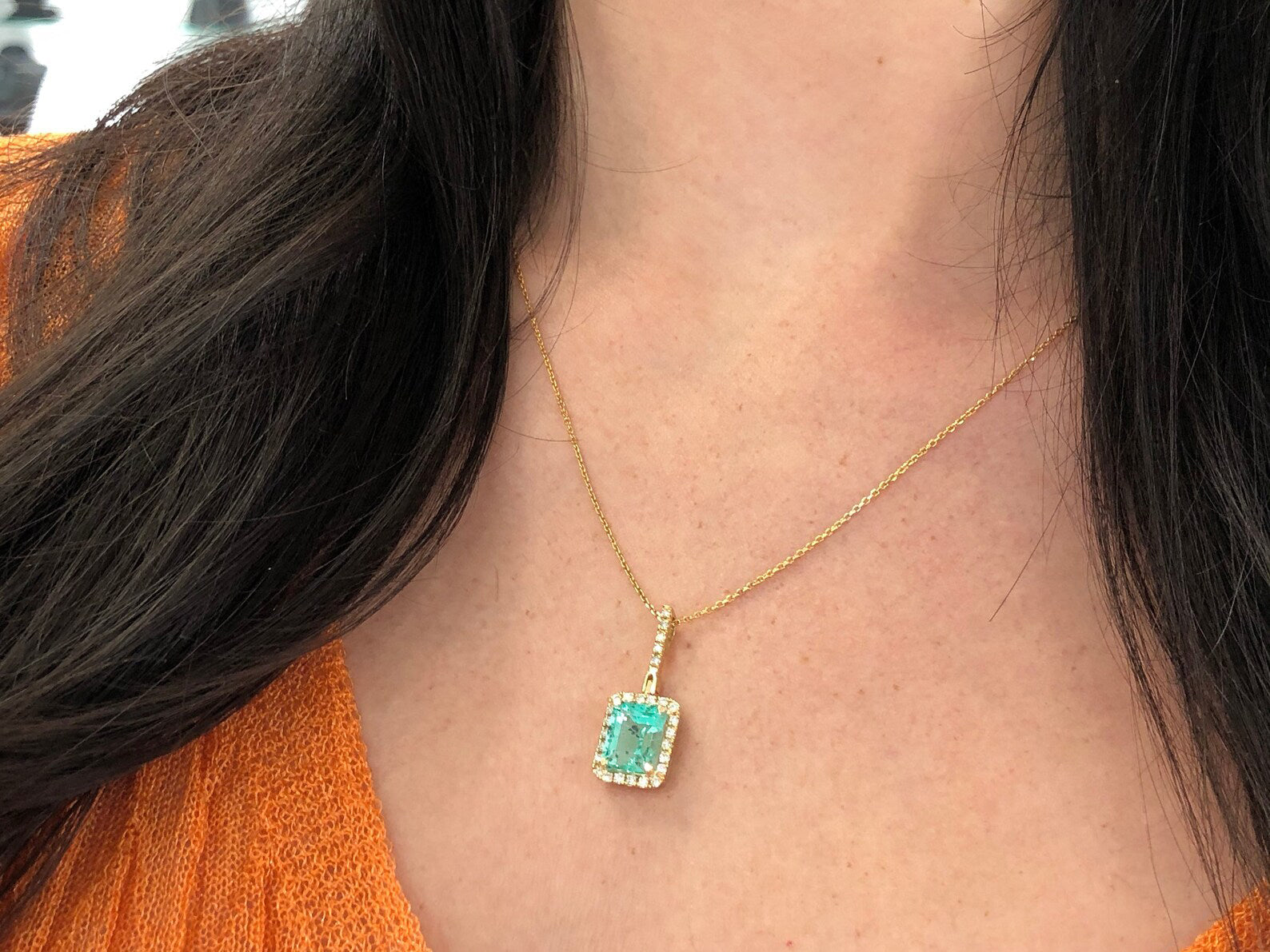 Natural Emerald Pendant with Round Diamonds, 4.18 TCW, Halo Pave Prong Setting in 14k Gold