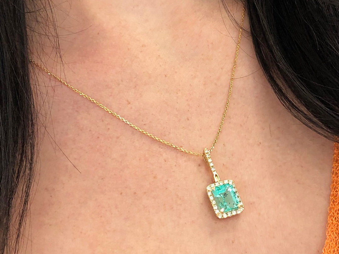 Real Emerald and Diamond Pendant, 4.18 TCW, Classic Halo Pave, 14k Gold