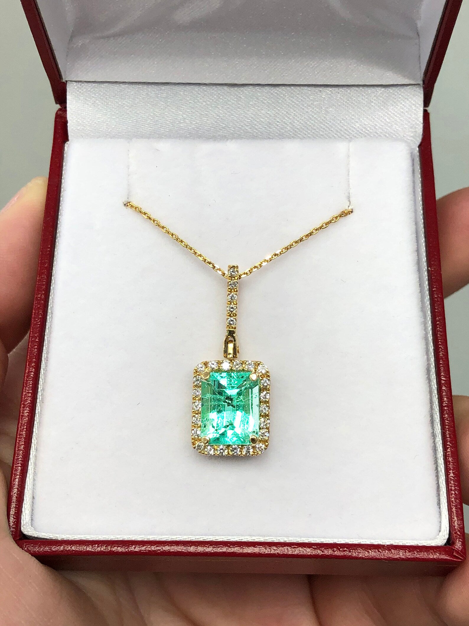 Emerald Cut & Round Diamond Pendant, 4.18 TCW, Genuine Emerald in 14k Solid Gold