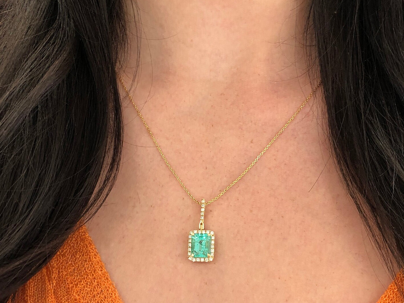 Classic Halo Pave Pendant with Real Emerald and Diamonds, 4.18 TCW, 14k Gold