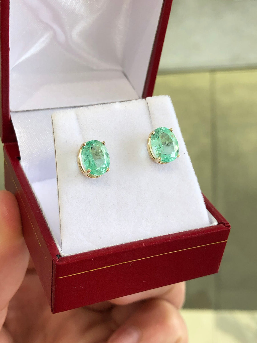 Oval Shape 3.03tcw Bright Green Colombian Emerald Solitaire 4 Prong Earrings 14K
