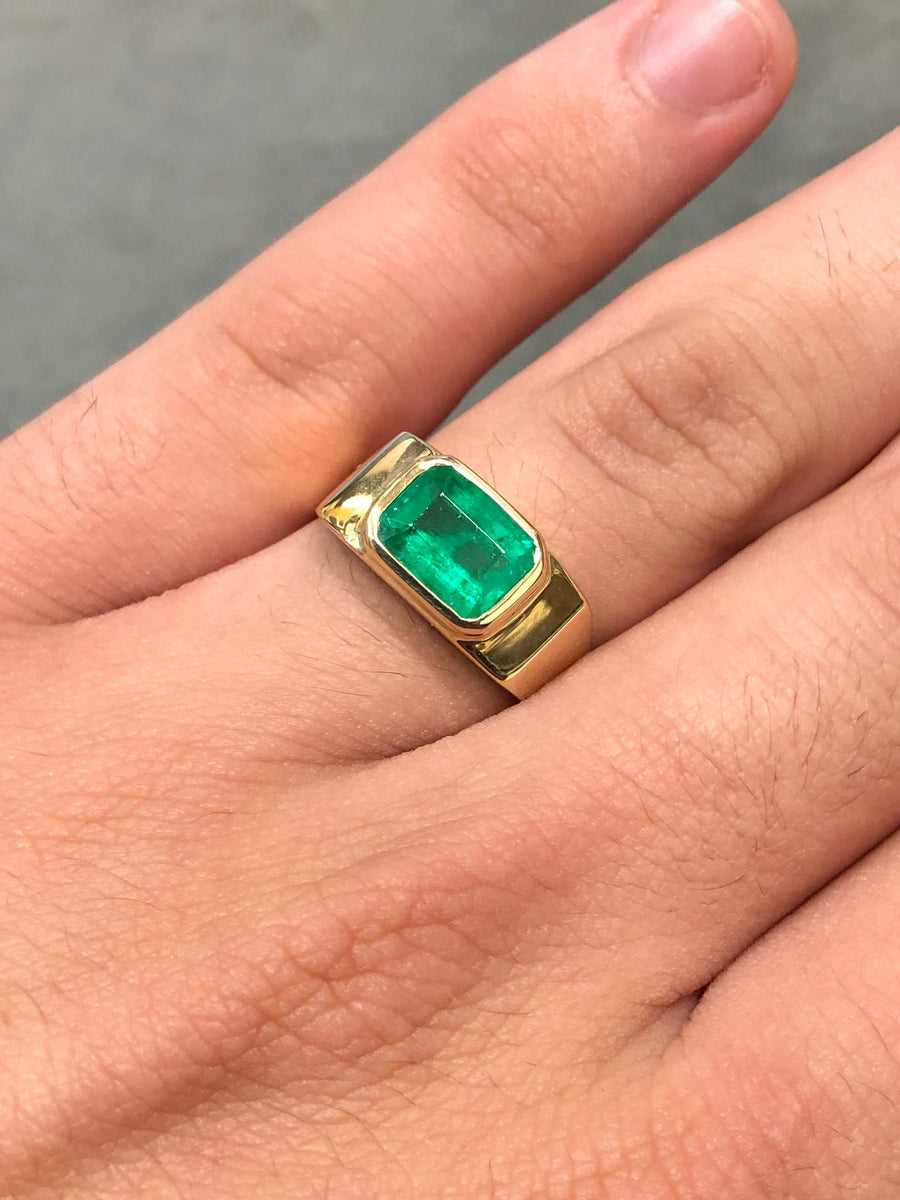 Mans Real 2.05 carat Emerald Bezel Set East To West 18K Masculine Ring