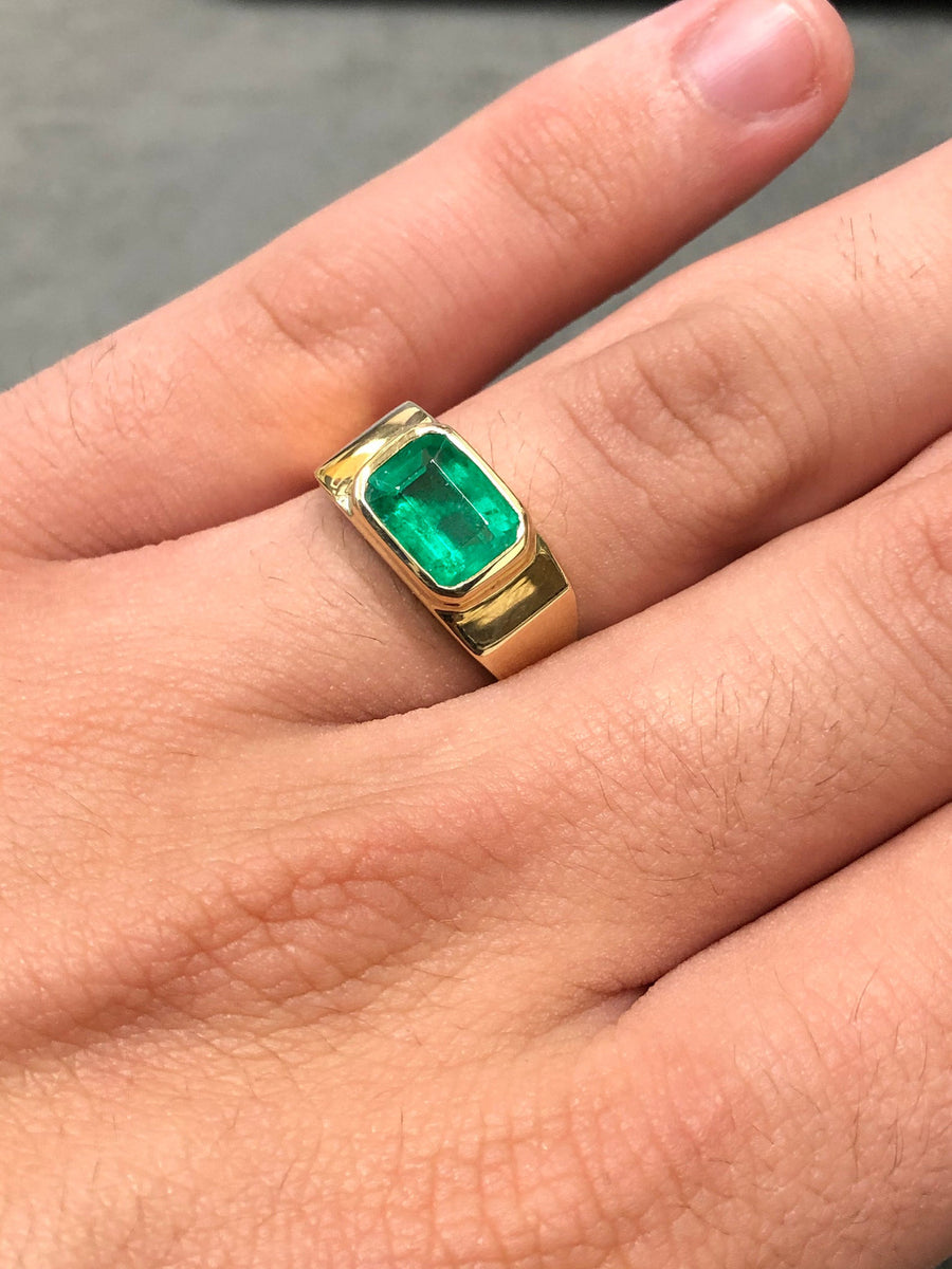Mens Natural 2.05 carat Emerald Bezel Set East To West 18K Masculine Ring