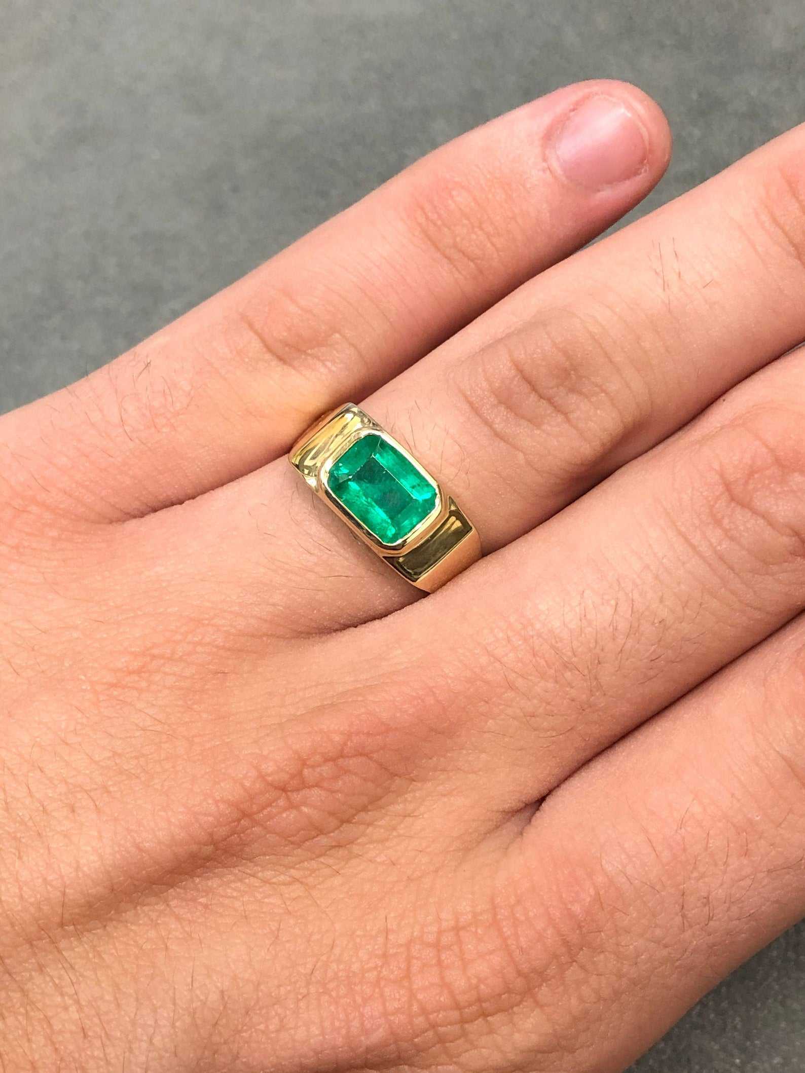 Mens Natural 2.05 carat Emerald Bezel Set East To West 18K Ring