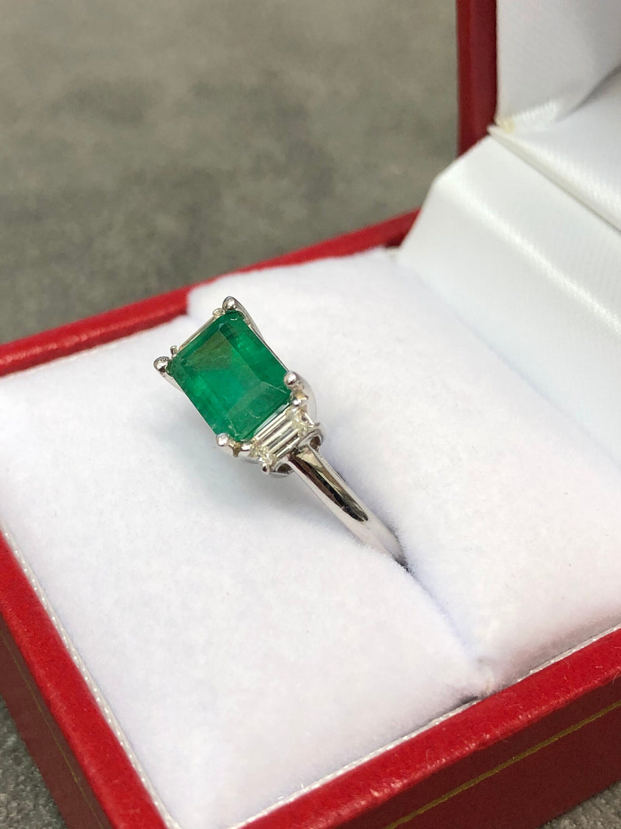 Earth mined Emerald Cut 2.0tcw Dark Emerald East to West Baguettes 3 Stone Diamond Ring 14K Gold