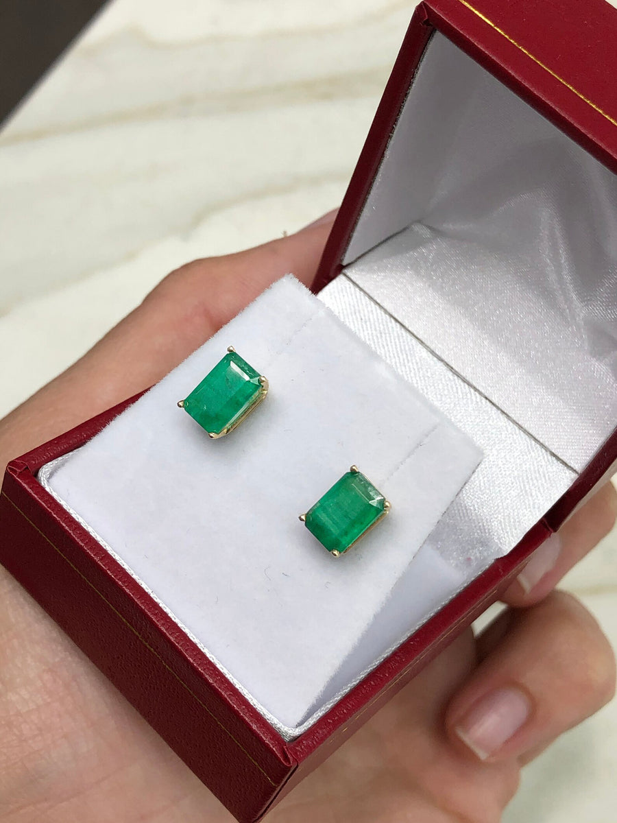 Genuine Emerald 2.50tcw Rich Dark Green Emerald Cut Classic 4 prong Earrings 14K