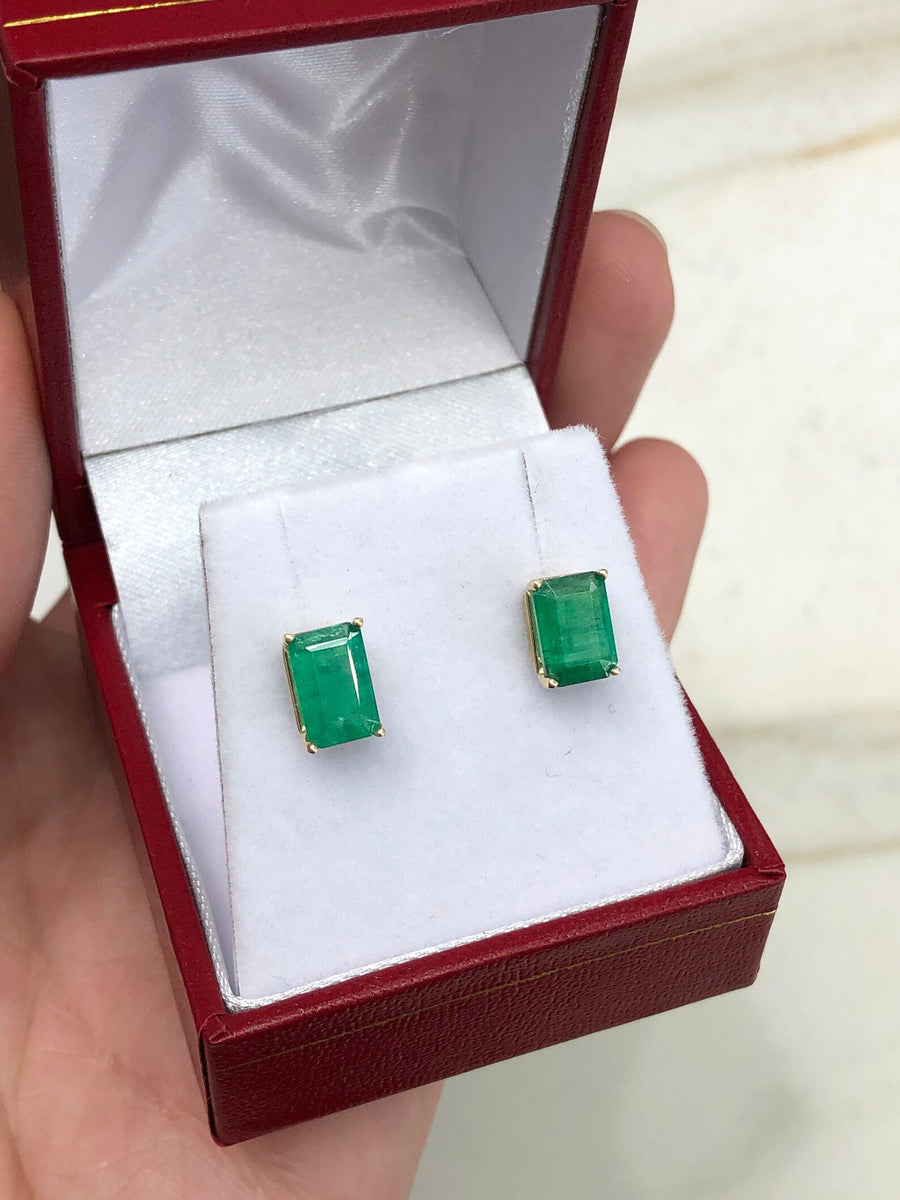 Genuine Emerald 2.50tcw Rich Dark Green Emerald Cut Classic Earrings 14K