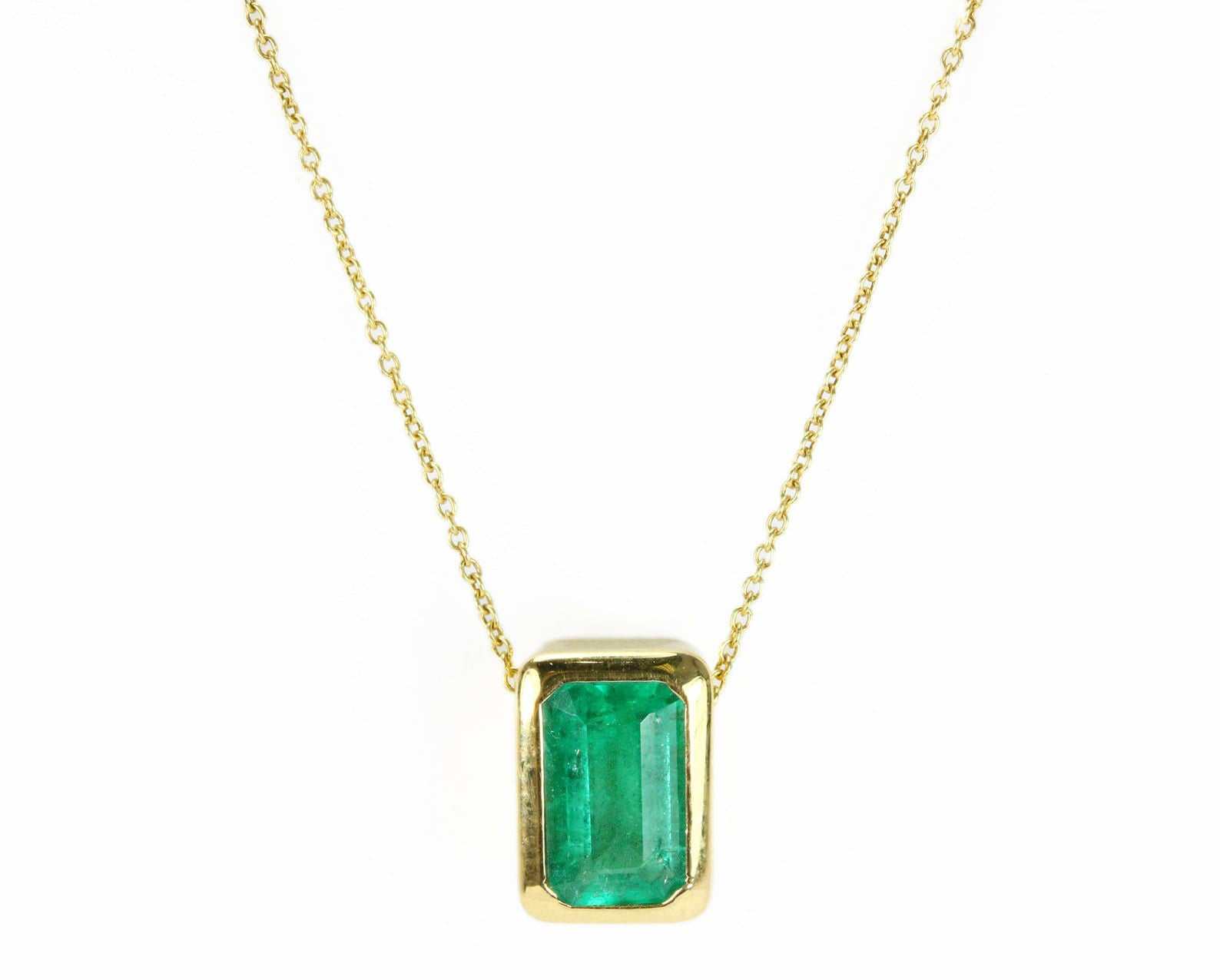 1.20 Carat Rich Green Emerald Bezel Stationary Modern Necklace 14K - JR Colombian Emeralds