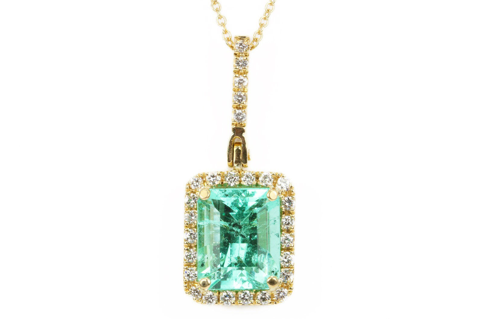 4.18 TCW Natural Emerald and Diamond Pendant - Classic Halo Pave in 14k Gold