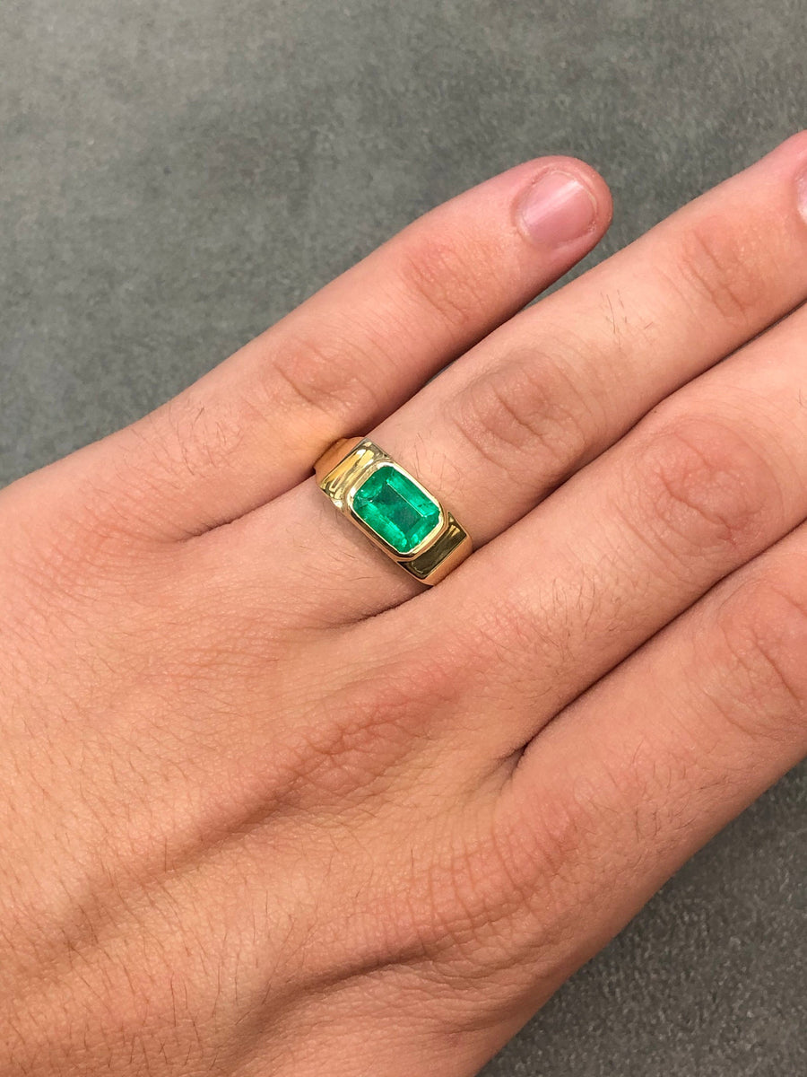 2.05-carat Mens Natural Emerald Bezel Set East To West 18K Ring gift