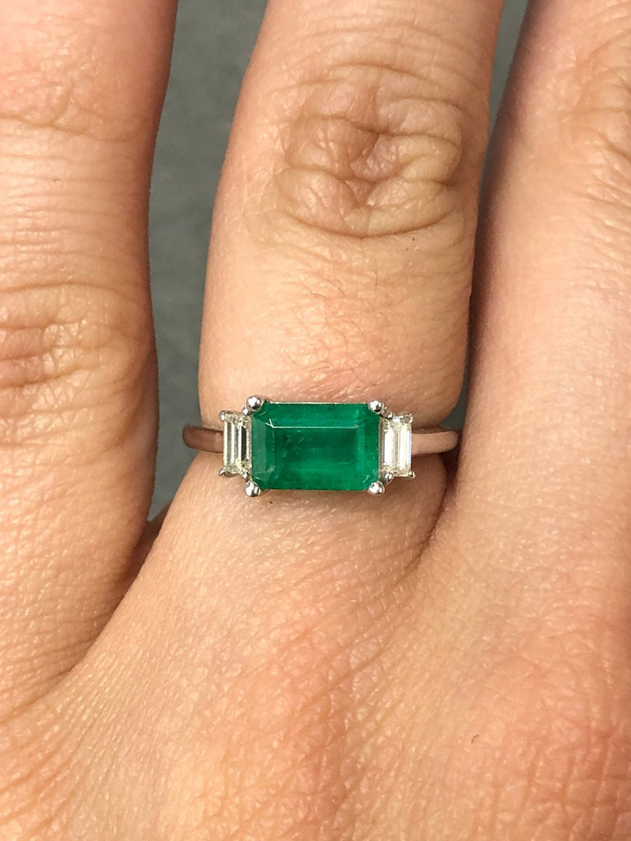 2.0tcw Natural Emerald East to West Baguettes 3 Stone Diamond Ring 14K