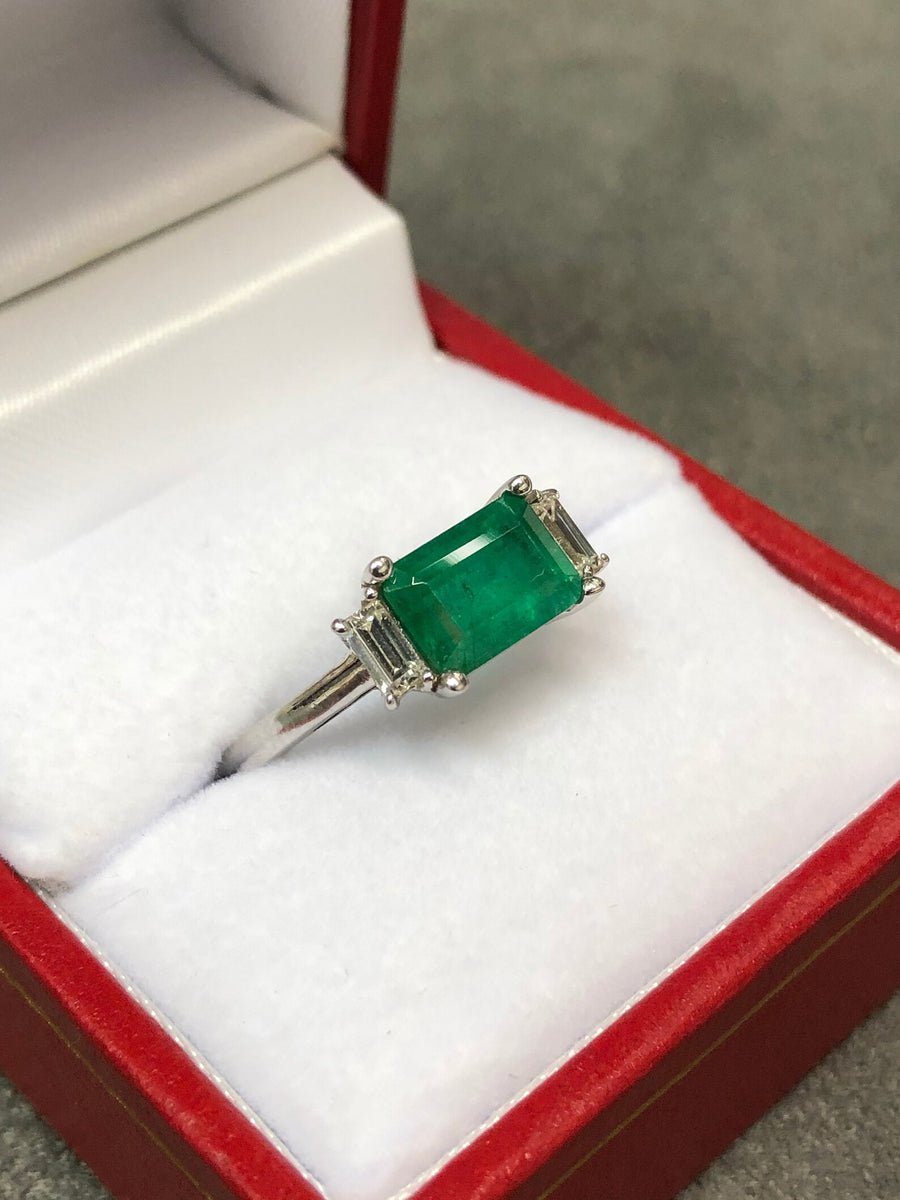 Earth mined Emerald Cut 2.0tcw Emerald East to West Baguettes 3 Stone Diamond Ring 14K Gold