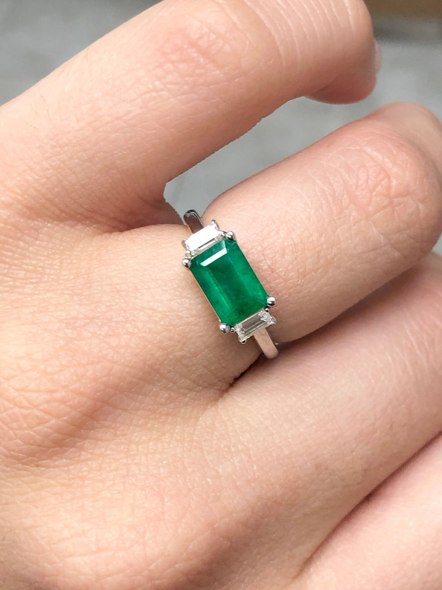 Natural Emerald Cut 2.0tcw Emerald East to West Baguettes 3 Stone Diamond Ring 14K Gold