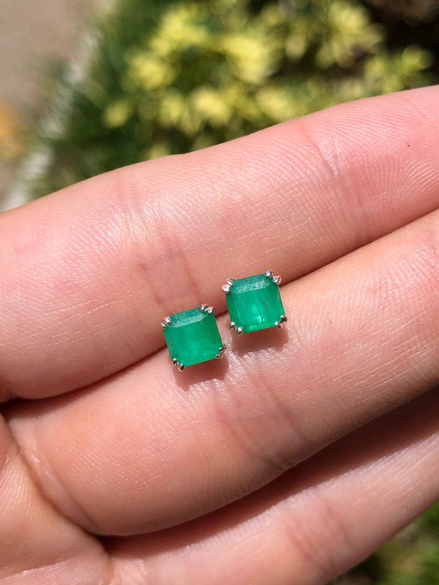 1.20tcw Double Prong Natural Dark Green Genuine Emerald Earrings Silver 925