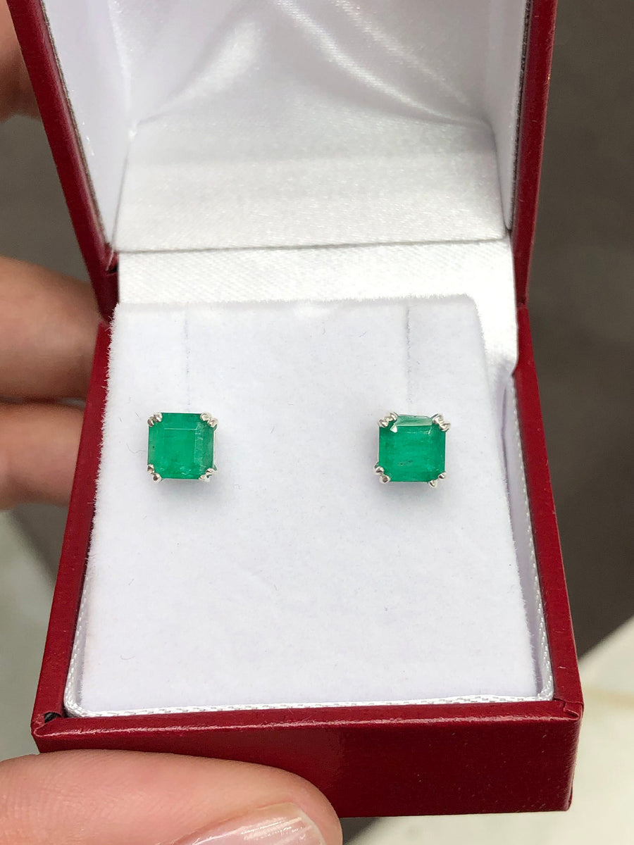 1.20tcw Double Prong Natural Dark Green Genuine Emerald Earrings Silver Double prong studs