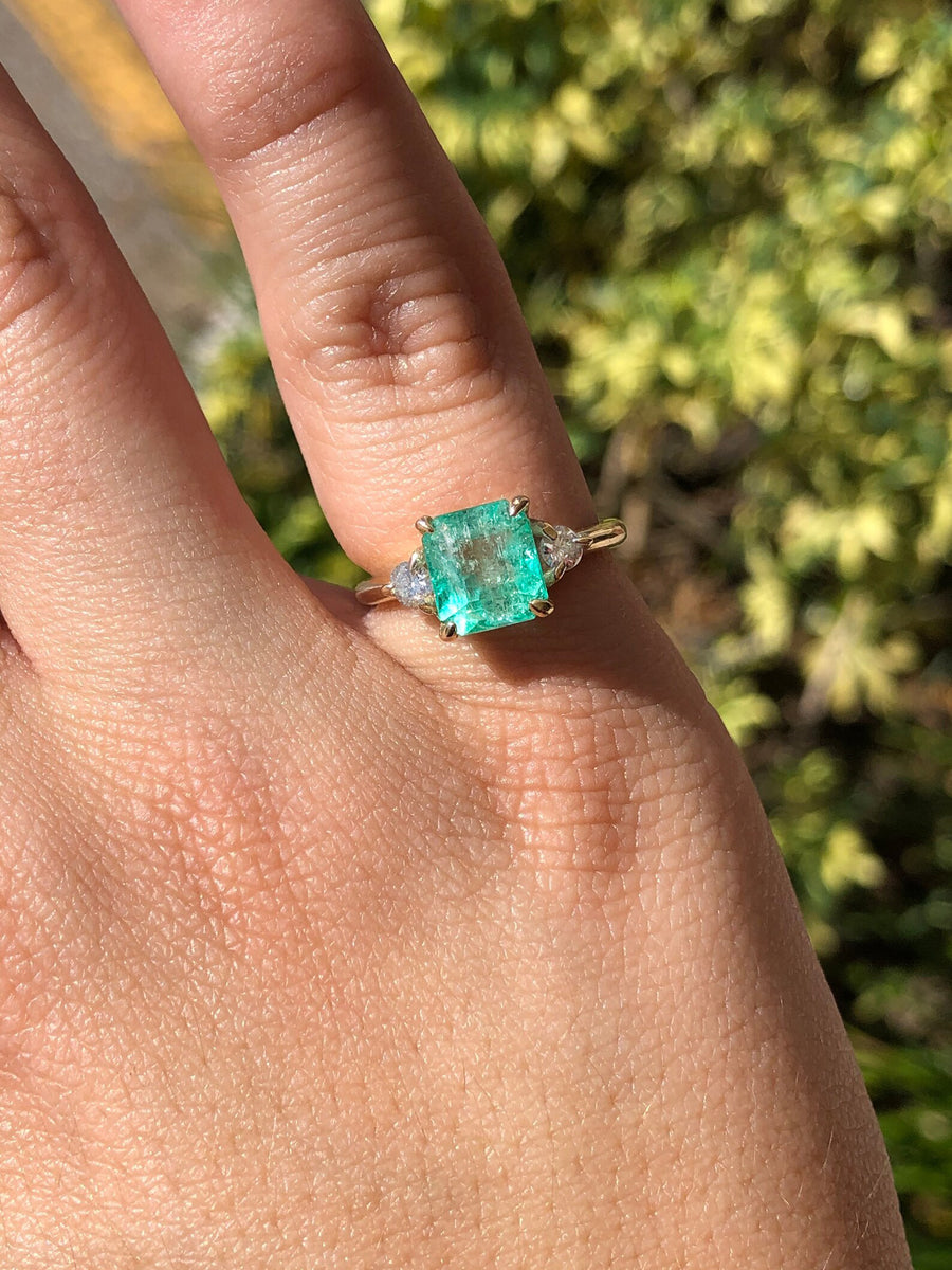 Bright Green 2.50tcw Asscher Emerald & Diamond three Stone Ring 14K