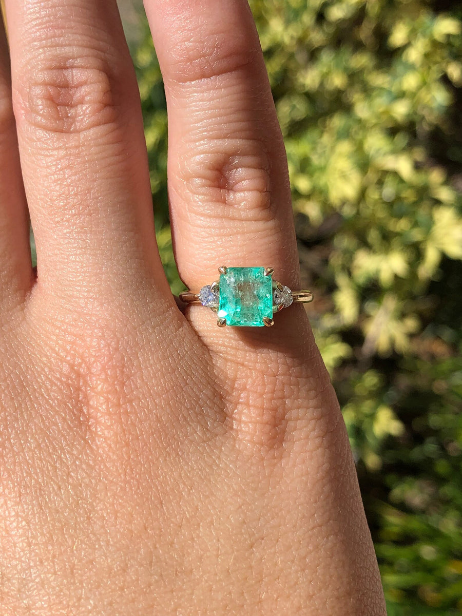 2.50tcw Green Asscher Emerald & Diamond three Stone Ring 14K