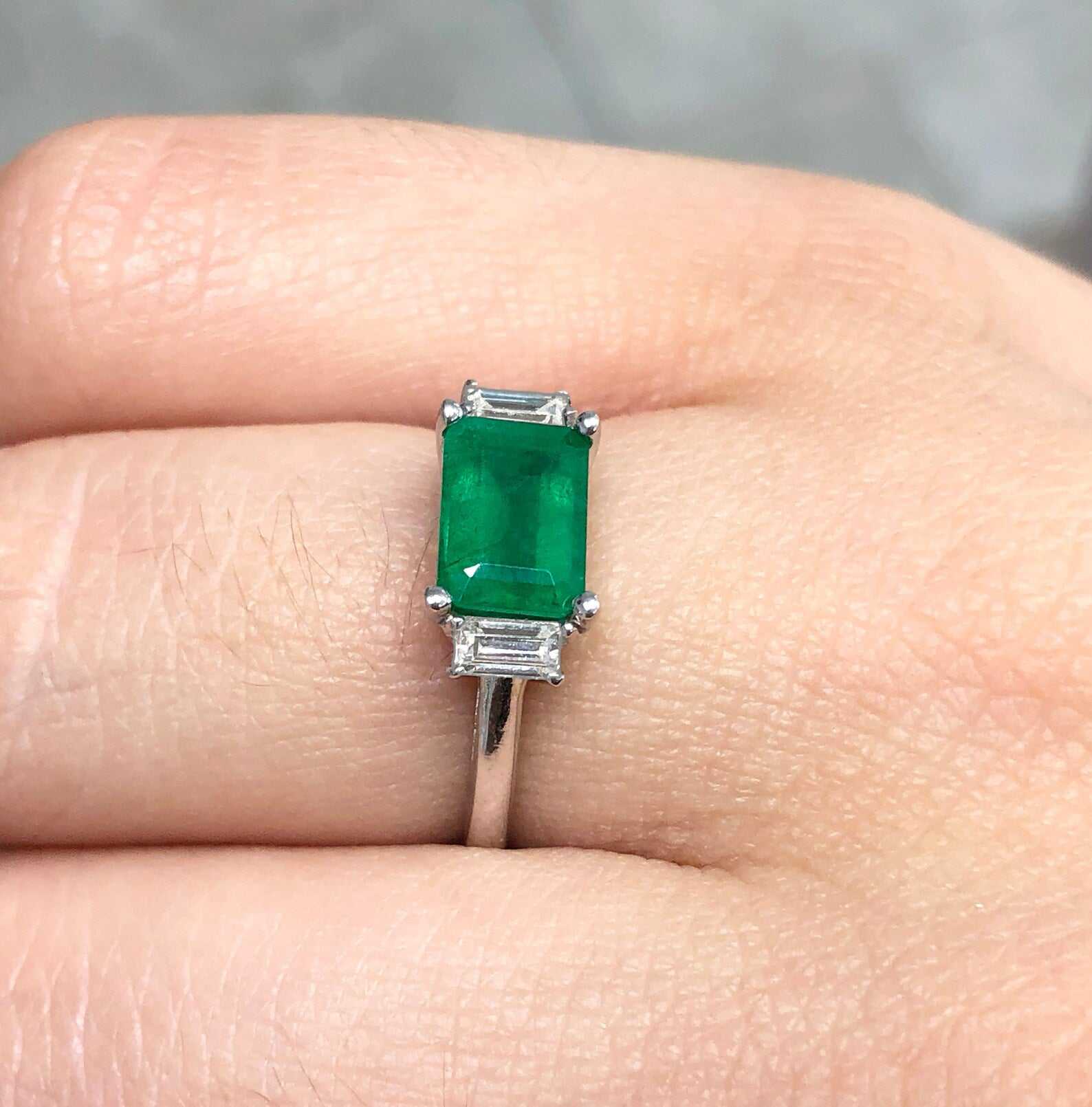 Natural Emerald Cut 2.0tcw Emerald East to West Baguettes Three Stone Diamond Ring 14K Gold