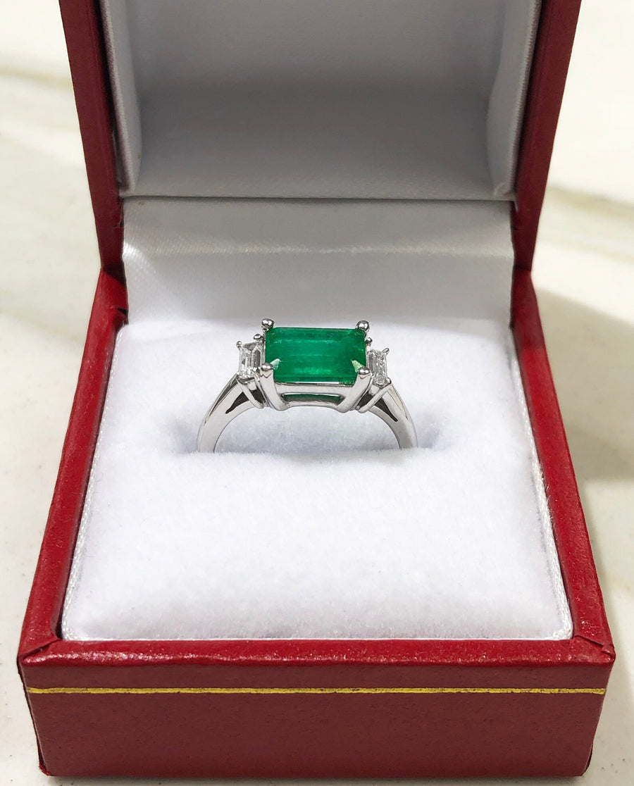 2.0tcw Earth mined Emerald Cut Dark Emerald East to West Baguettes 3 Stone Diamond Ring 14K Gold