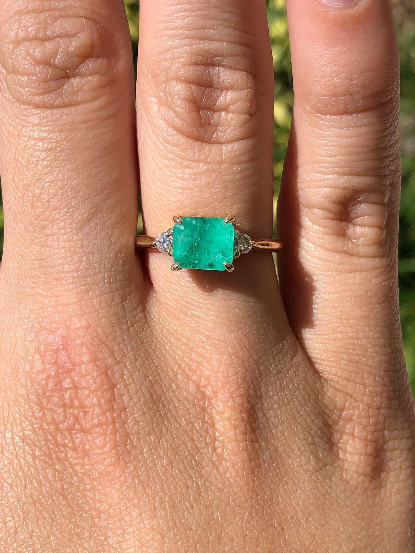 1.96tcw Three Stone Emerald & Round Diamond Ring 14K Unique