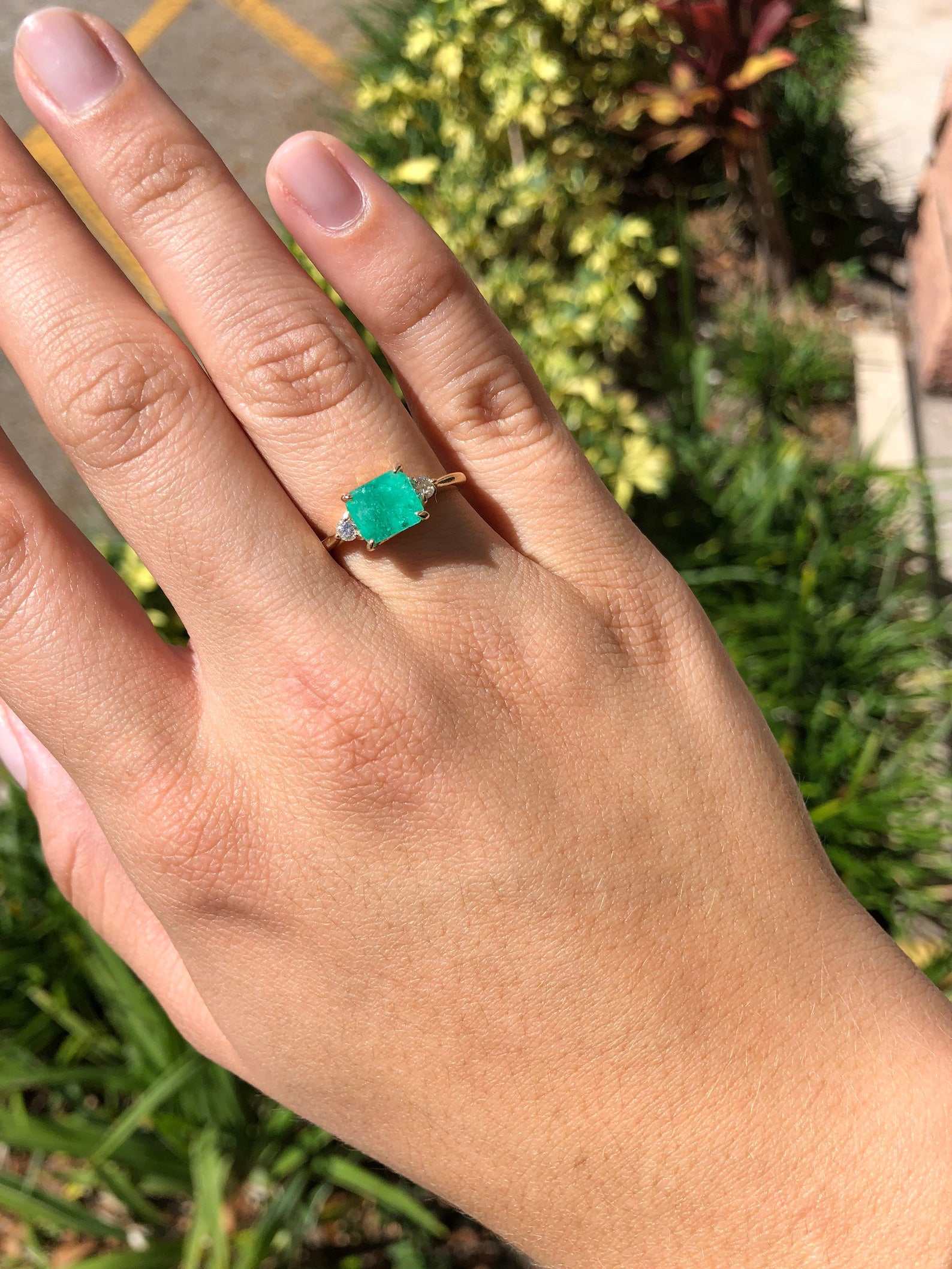 1.96tcw Three Stone Emerald & Round Diamond Ring 14K Unique