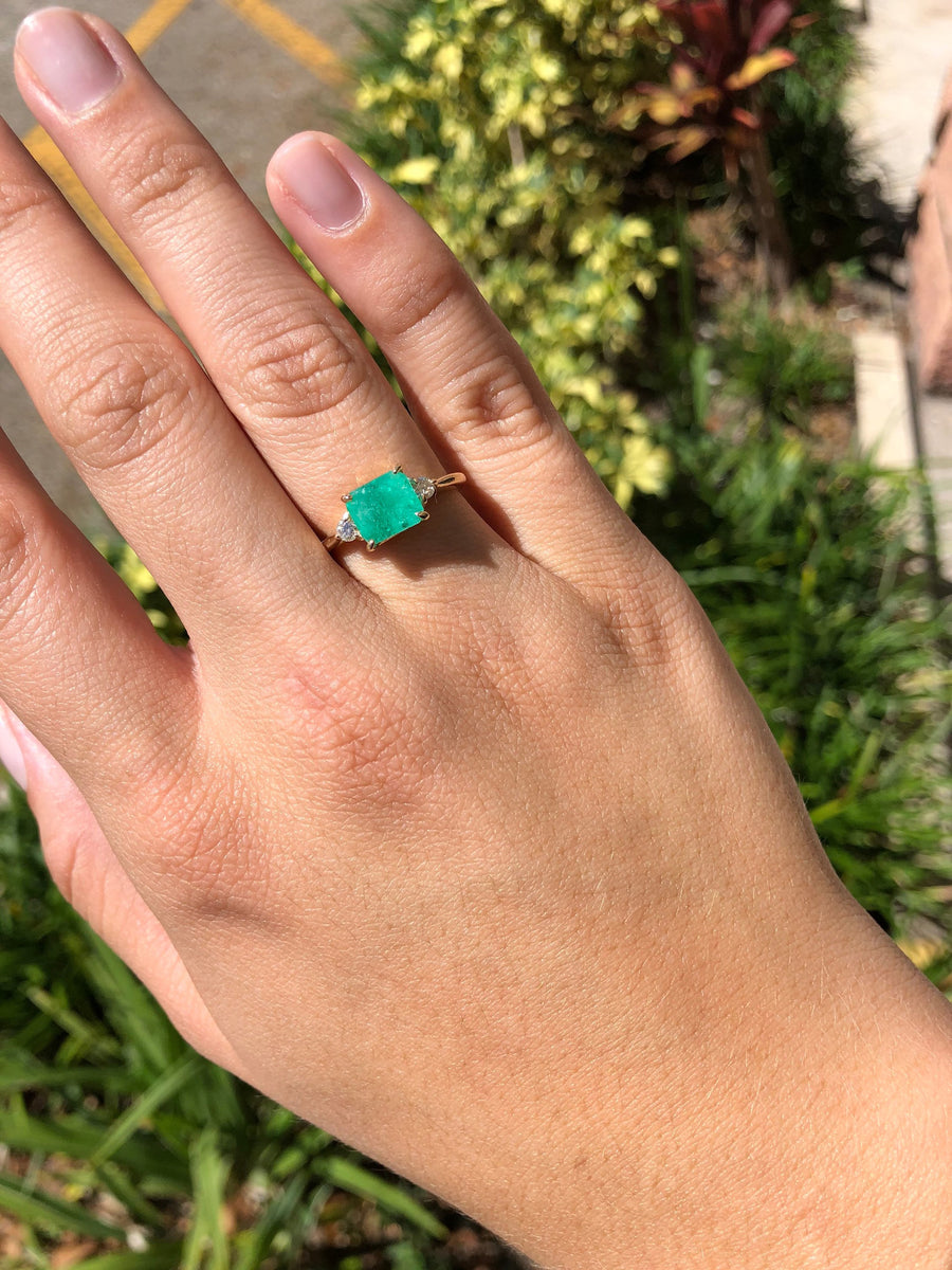 Chic and Sophisticated: Three Stone 1.96tcw Emerald & Round Diamond Ring in 14K Gold