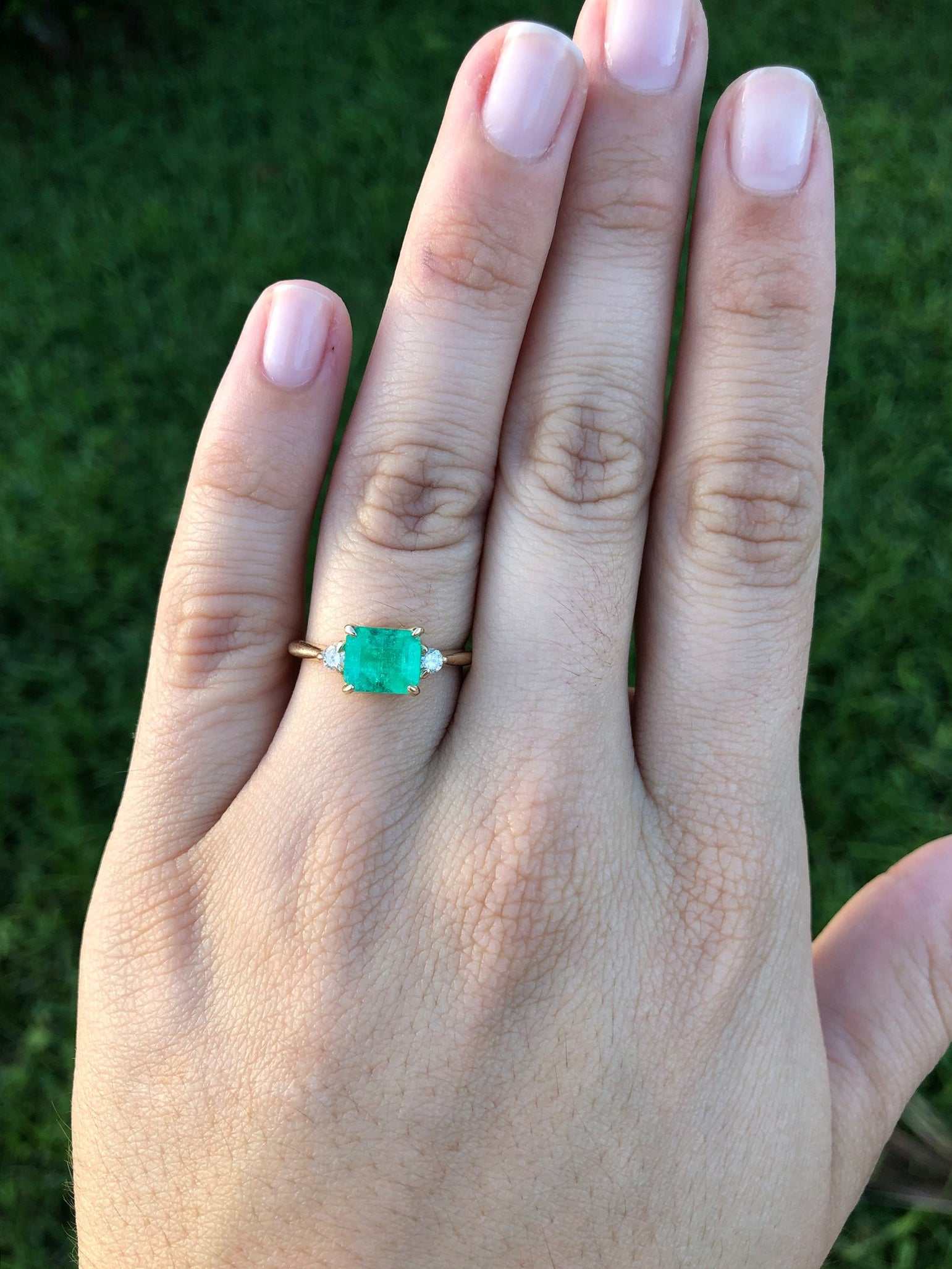 Classic Charm: Three Stone 1.96tcw Emerald & Round Diamond 14K Gold Ring