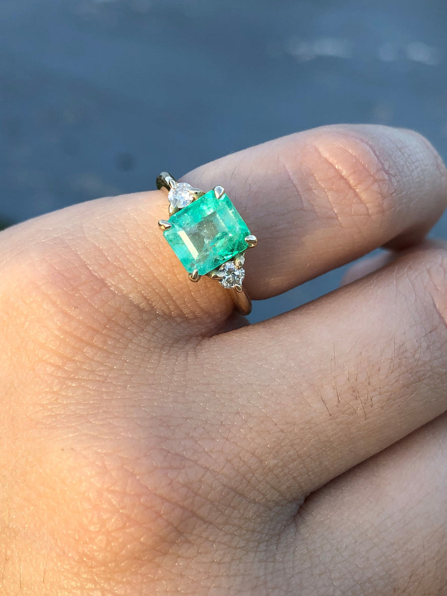 Bright Green 2.50tcw Asscher Emerald & Round Diamond 3 Stone Engagement Ring 14K