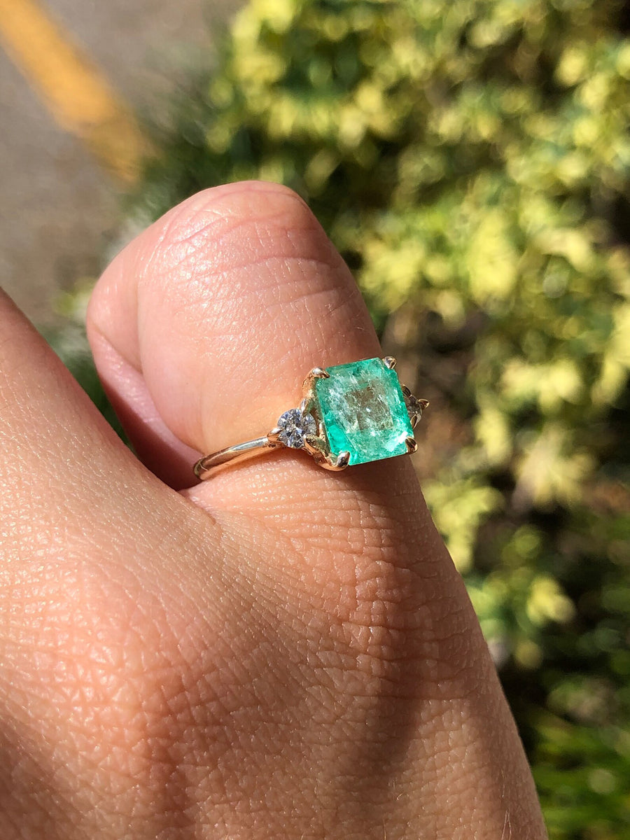 Bright Green 2.50tcw Asscher Emerald & Round Diamond three Stone Ring 14K