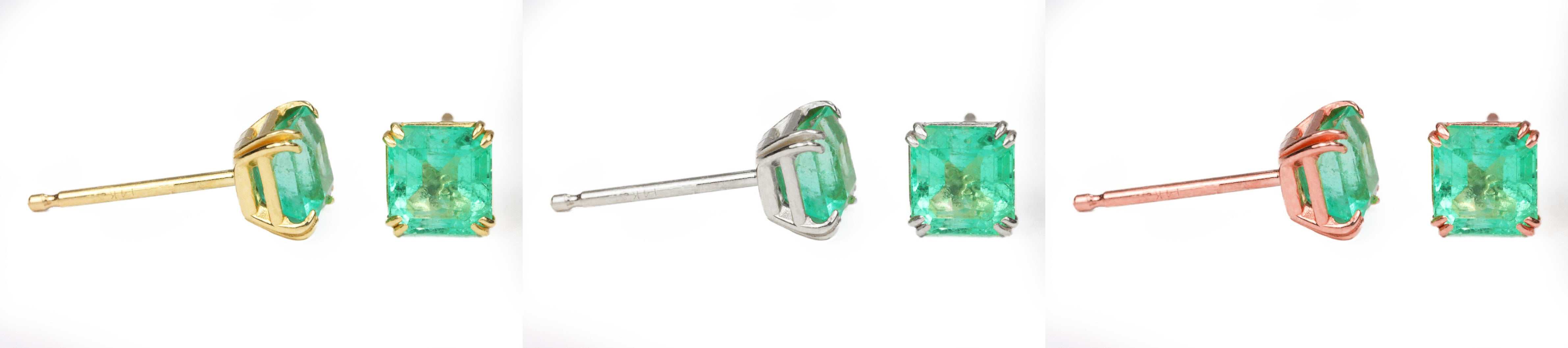 1.0tcw Double Claw Prong Square cut Emerald Stud Earrings 14K - JR Colombian Emeralds