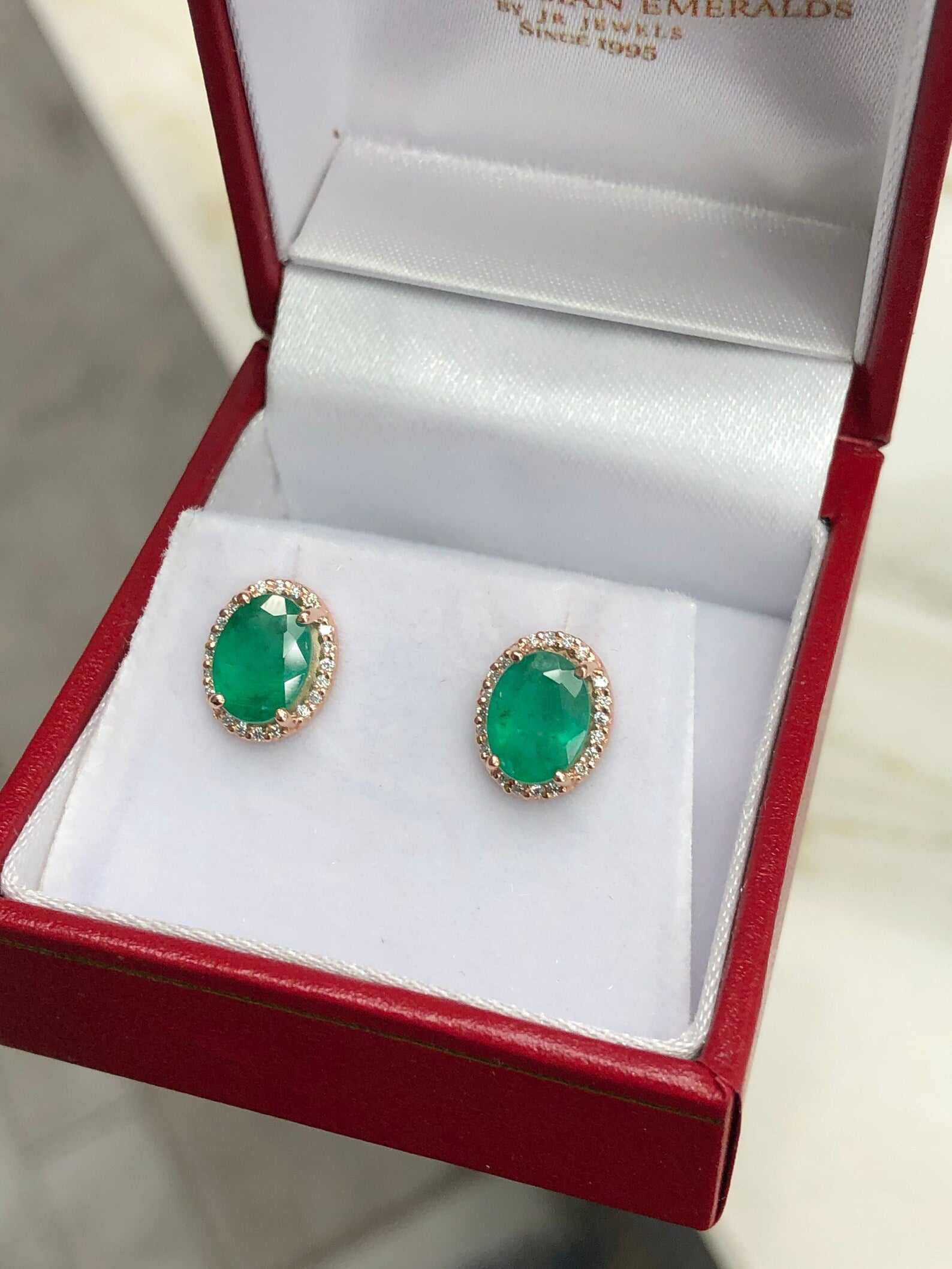 2.10tcw Oval Cut Dark Green Emerald & Diamond Halo Rose Gold Stud Earrings 14K